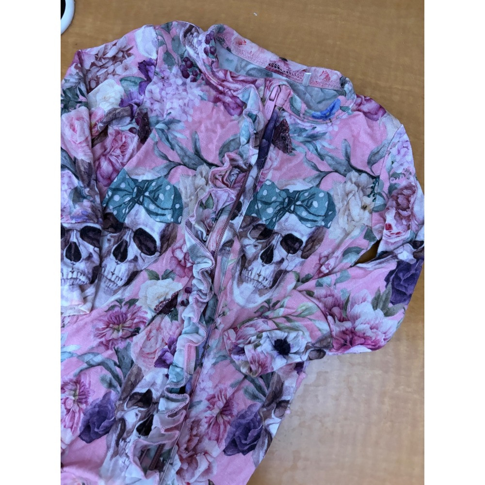 Posh Peanut Skulls and Roses Pink Floral Bamboo Zipper Footie Sleeper 3-6 Months